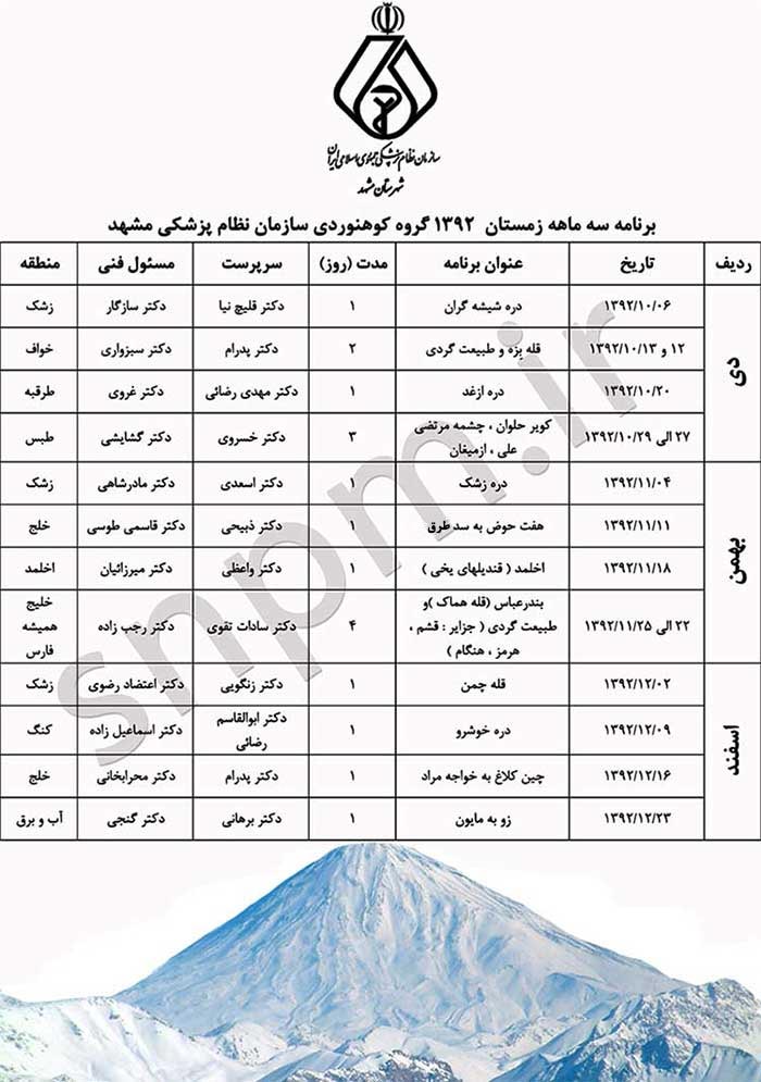 برنامه زمستان 1392 گروه کوهنوردی نظام پزشکی مشهد